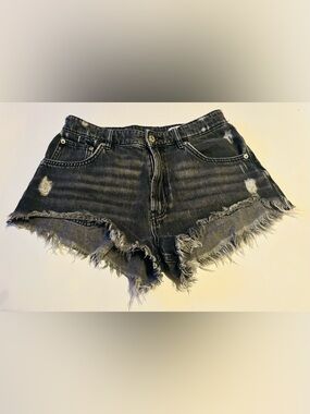 Zara Black Distressed Frayed Denim Shorts